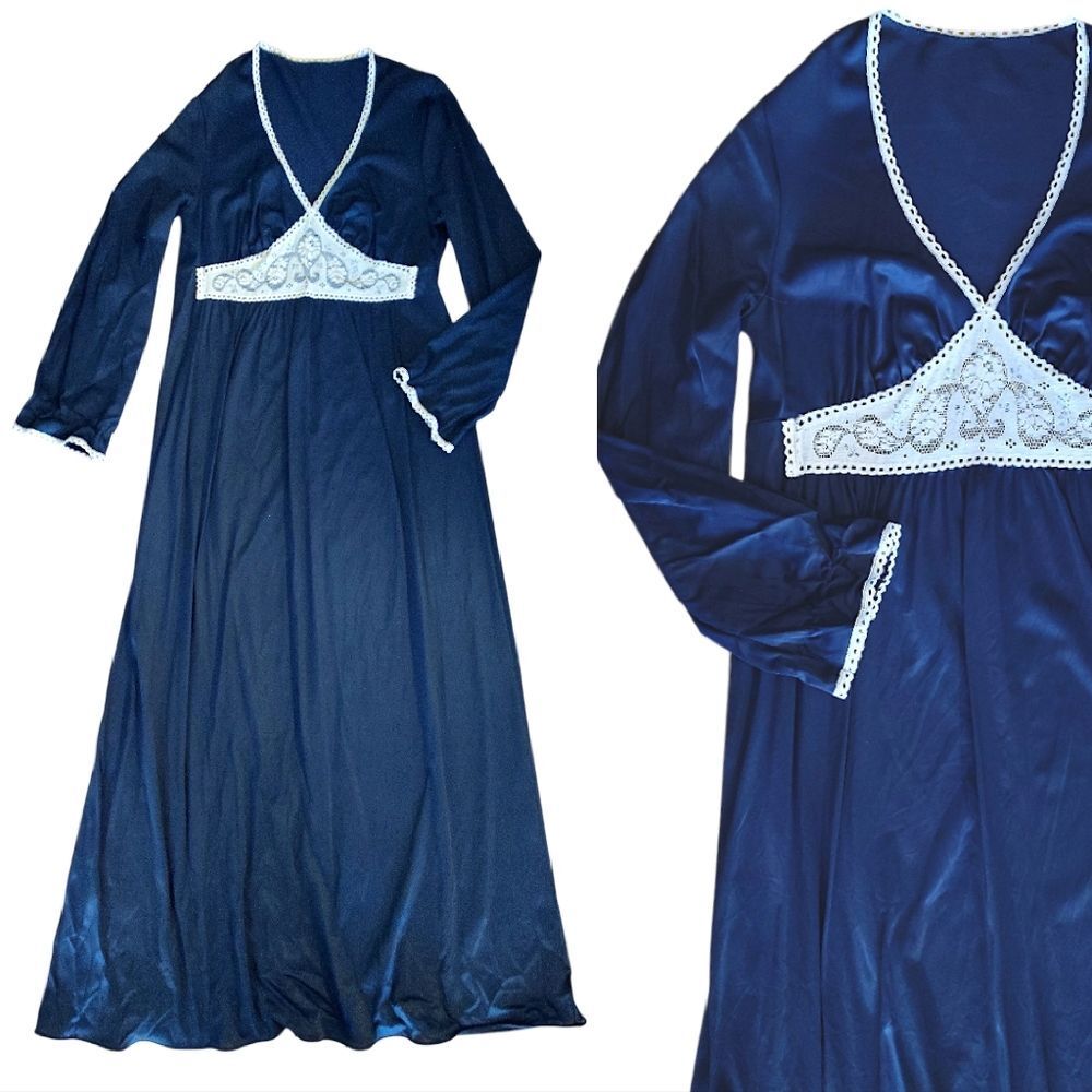 VTG 70s Vassaratte Navy Blue Maxi Prarie Night Gown Lace Trim Medium Long Sleeve